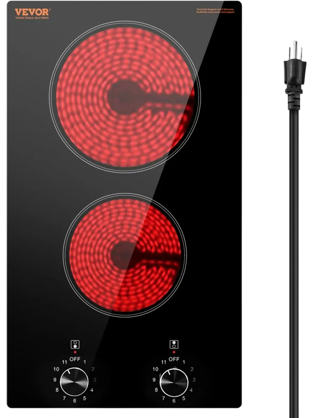 VEVOR Electric Cooktop, 12 inch 2 Burners Built-in Electric Stove Top, 1800W Ceramic Top Radiant Cooktop, with Glass Panel, Knob Control, 11 Heat Levels, 120V, for Diverse Cooking Requirements