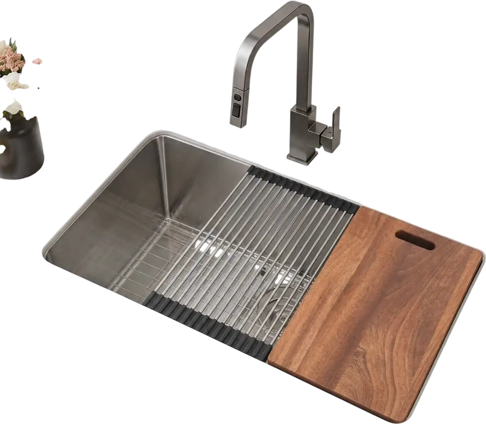 VEVOR 33-inch Kitchen Undermount Single Bowl Sinks, Stainless Steel Drop-In Farmhouse Basin with Ledge & Accessories, Household Dishwasher Sinks for RV, Prep Kitchen, Laundry Room, Bar
