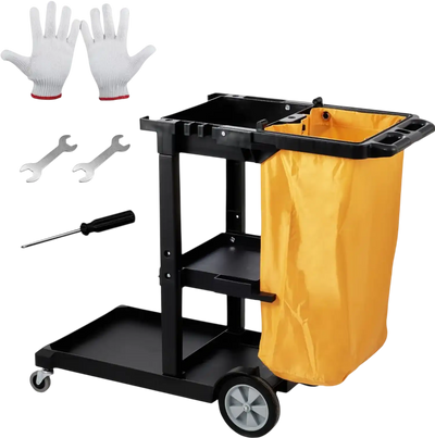 VEVOR Cleaning Cart, 3-Shelf Commercial Janitorial Cart, 200 lbs Capacity Plastic Housekeeping Cart, with 25 Gallon PVC Bag, 47 x 20 x 38.6in, Yellow & Black