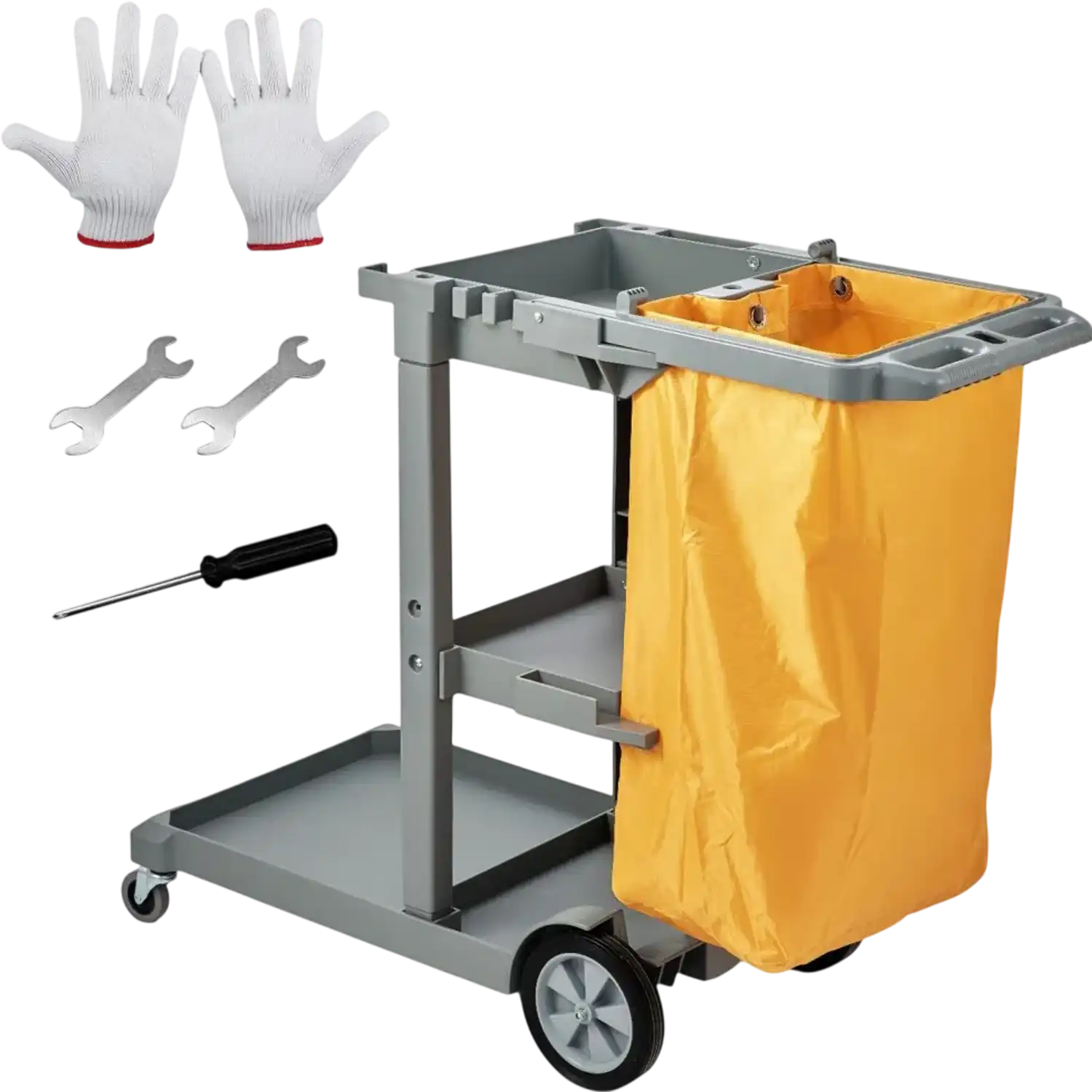 Vevor Cleaning Cart 3-Shelf Commercial Janitorial Cart with 25 Gallon PVC Bag 47