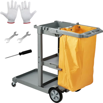 VEVOR Cleaning Cart, 3-Shelf Commercial Janitorial Cart, 200 lbs Capacity Plastic Housekeeping Cart, with 25 Gallon PVC Bag, 47