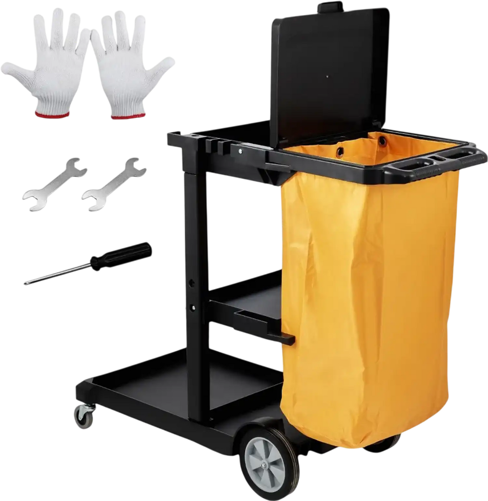 VEVOR Cleaning Cart, 3-Shelf Commercial Janitorial Cart, 200 lbs Capacity Plastic Housekeeping Cart, with 25 Gallon PVC Bag and Cover, 47 x 20 x 38.6in, Yellow&Black