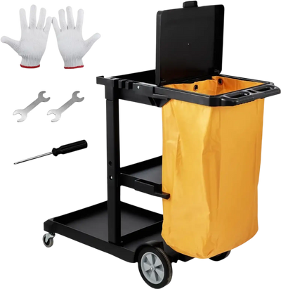 VEVOR Cleaning Cart, 3-Shelf Commercial Janitorial Cart, 200 lbs Capacity Plastic Housekeeping Cart, with 25 Gallon PVC Bag and Cover, 47 x 20 x 38.6in, Yellow&Black