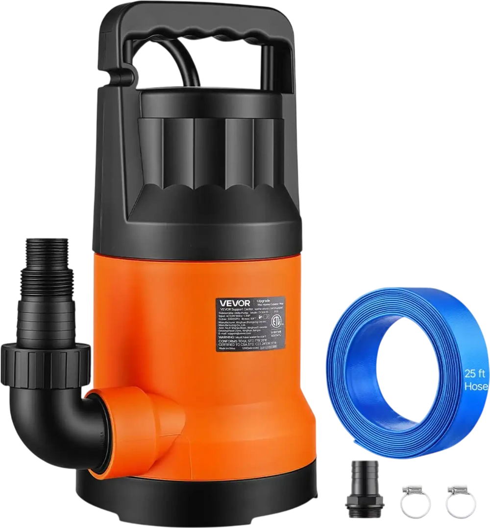 VEVOR Submersible Water Pump with 25 ft Hose 1.2 HP 5000 GPH Sump Pump, Portable Water Removal, Thermoplastic Material, for Swimming Pool Draining Garden Ponds Hot Tubs Basements, IPX8 Waterproof