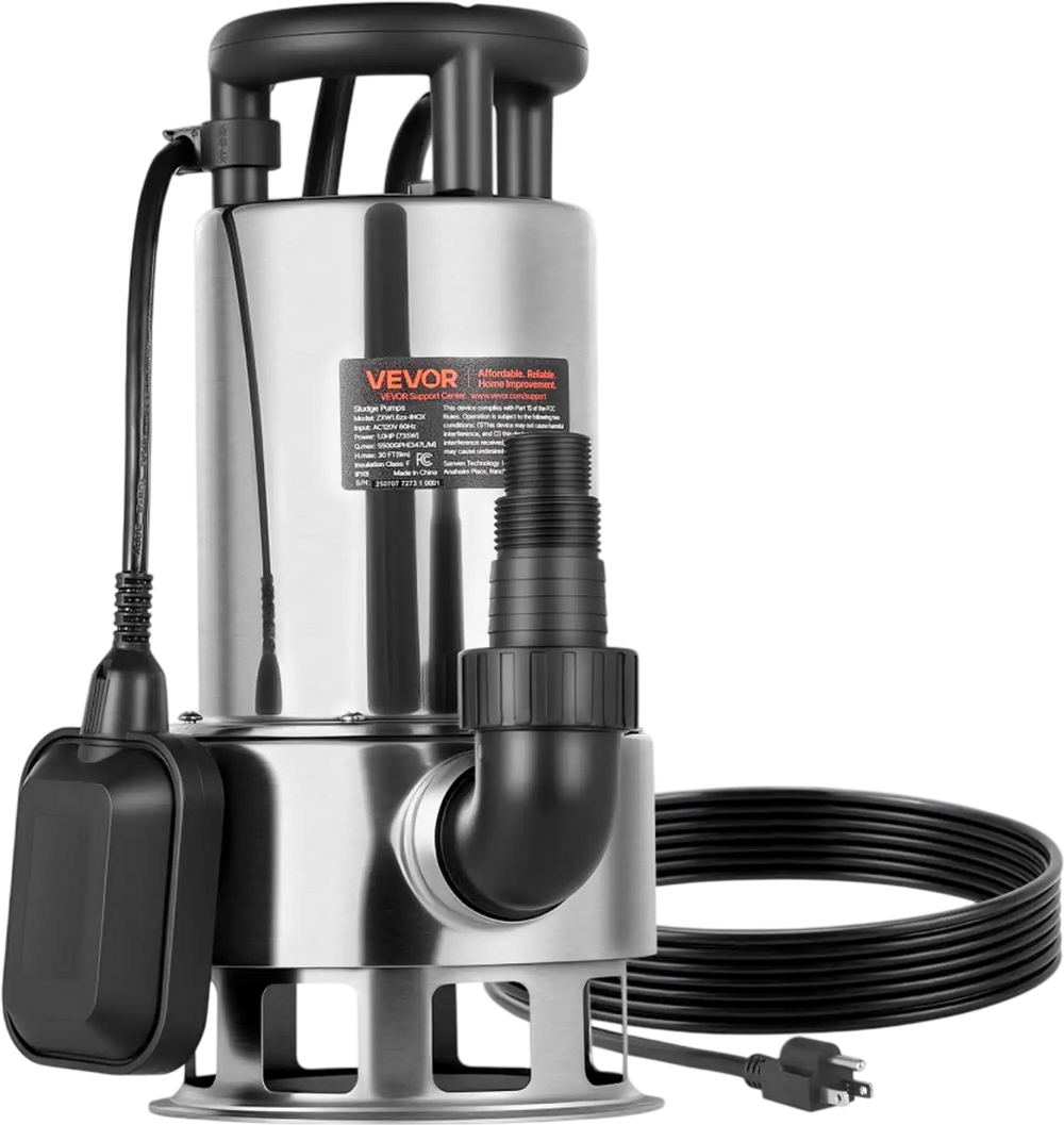 VEVOR 1 HP Submersible Sump Pump, 5500 GPH, Stainless Steel Submersible Sewage Dirty Clean Water Pump with Automatic Float Switch, Long Cord, 30 ft Max Lift, for Pools, Garden, Pond, Flooded Areas