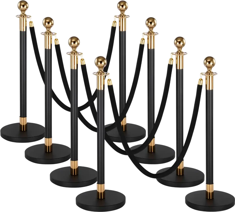 VEVOR Stanchion Post, 8 Pcs Crowd Control Barrier Set with 6 Black Velvet Ropes, Heavy Duty Stainless Steel Stanchion Post Queue with Hollow Base for Theater, Party, Wedding, Exhibition, Event (Black)