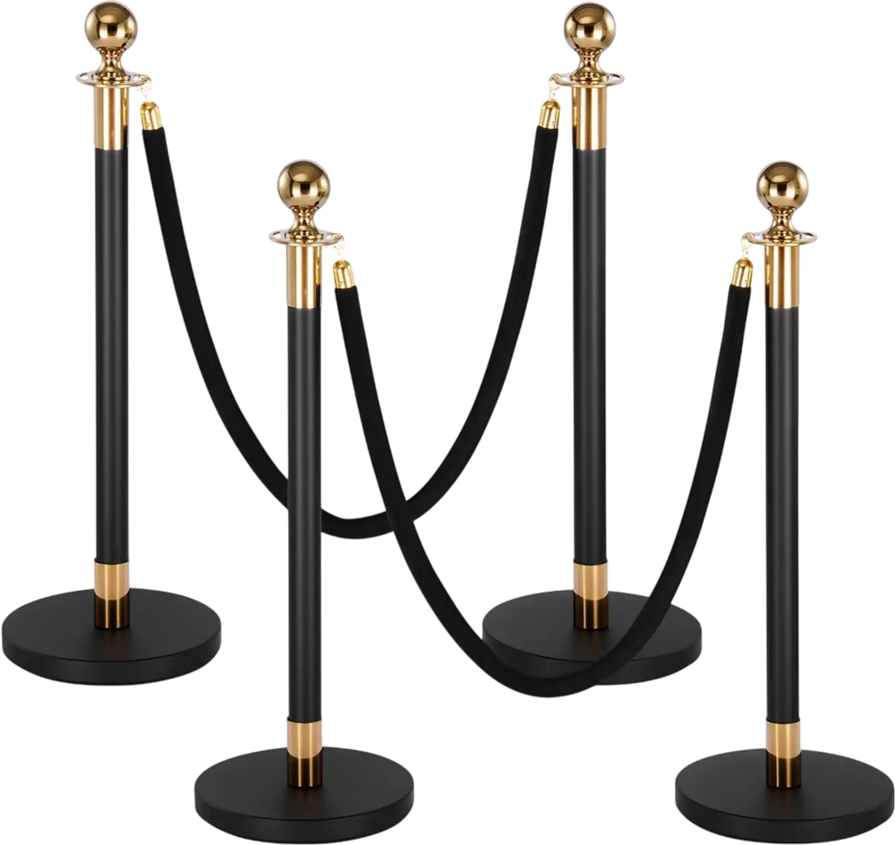 VEVOR Stanchion Post, 4 Pcs Crowd Control Barrier Set with 2 Black Velvet Ropes, Heavy Duty Stainless Steel Stanchion Post Queue with Hollow Base for Theater, Party, Wedding, Exhibition, Event (Black)
