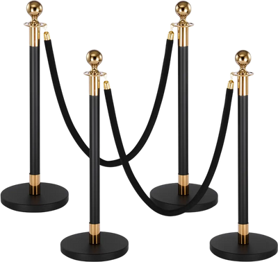 VEVOR Stanchion Post, 4 Pcs Crowd Control Barrier Set with 2 Black Velvet Ropes, Heavy Duty Stainless Steel Stanchion Post Queue with Hollow Base for Theater, Party, Wedding, Exhibition, Event (Black)