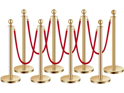 VEVOR Stanchions and Velvet Ropes 8Pcs, Hollow Base with Stainless Steel Post, 6 Red Velvet Ropes and Posts, Crowd Control Barriers Gold Stanchions, Red Carpet Runner Poles for Party Supplies