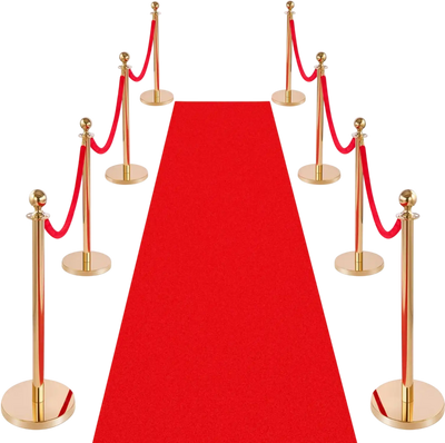 VEVOR Stanchion Post, 8 Pcs Crowd Control Barrier Set with Red Carpet, 6 Red Velvet Ropes, Stainless Steel Gold Stanchion Post Queue with Hollow Base for Theater, Party, Wedding, Exhibition (Gold)
