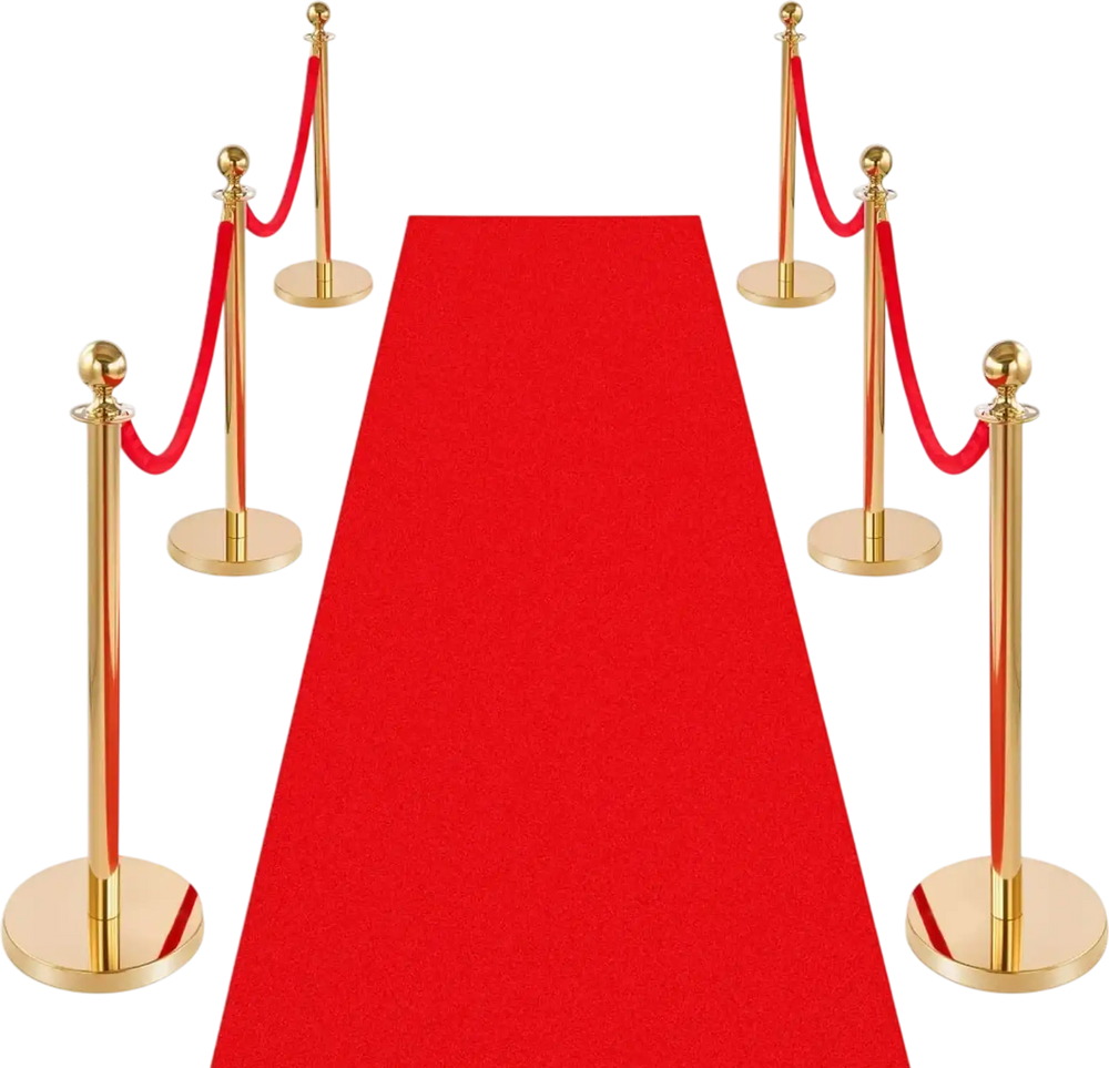 VEVOR Stanchion Post, 6 Pcs Crowd Control Barrier Set with Red Carpet, 4 Red Velvet Ropes, Stainless Steel Gold Stanchion Post Queue with Hollow Base for Theater, Party, Wedding, Exhibition (Gold)