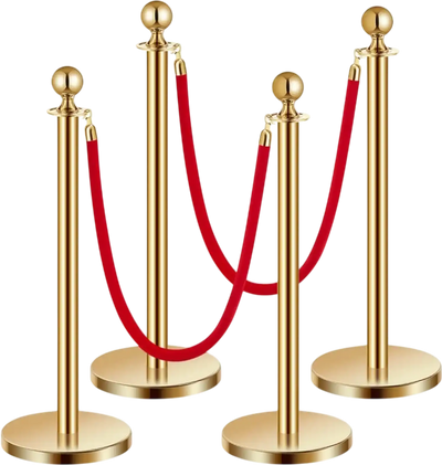VEVOR Stanchions and Velvet Ropes 4Pcs, Hollow Base with Stainless Steel Post, 2 Red Velvet Ropes and Posts, Crowd Control Barriers Gold Stanchions, Red Carpet Runner Poles for Party Supplies
