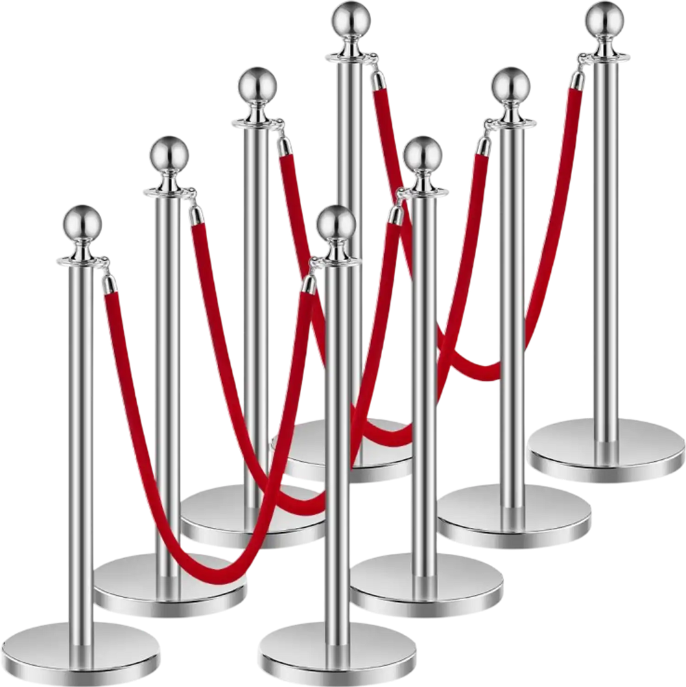 VEVOR Stanchions and Velvet Ropes 8Pcs, Hollow Base with Stainless Steel Post, 4 Red Velvet Ropes and Posts, Crowd Control Barriers Silver Stanchions, Red Carpet Runner Poles for Party Supplies