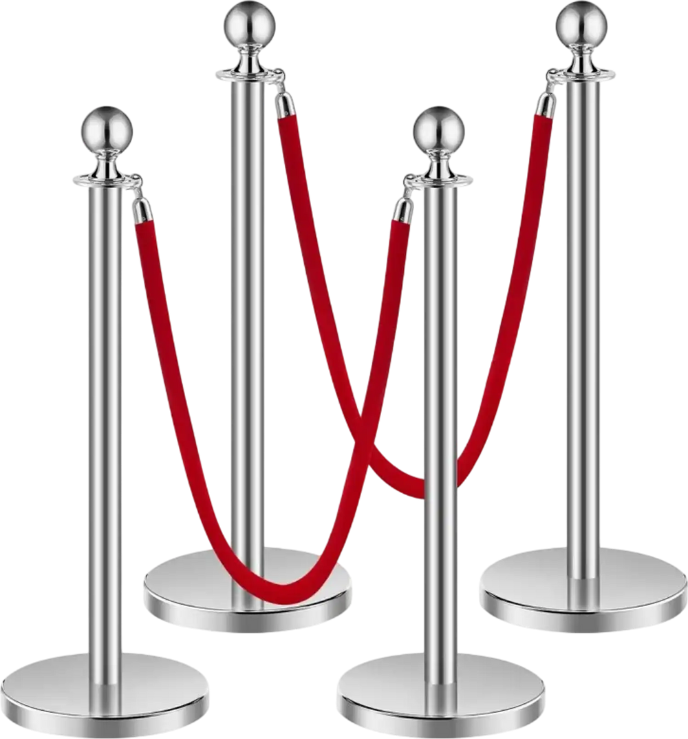 VEVOR Stanchions and Velvet Ropes 4Pcs, Hollow Base with Stainless Steel Post, 2 Red Velvet Ropes and Posts, Crowd Control Barriers Silver Stanchions, Red Carpet Runner Poles for Party Supplies
