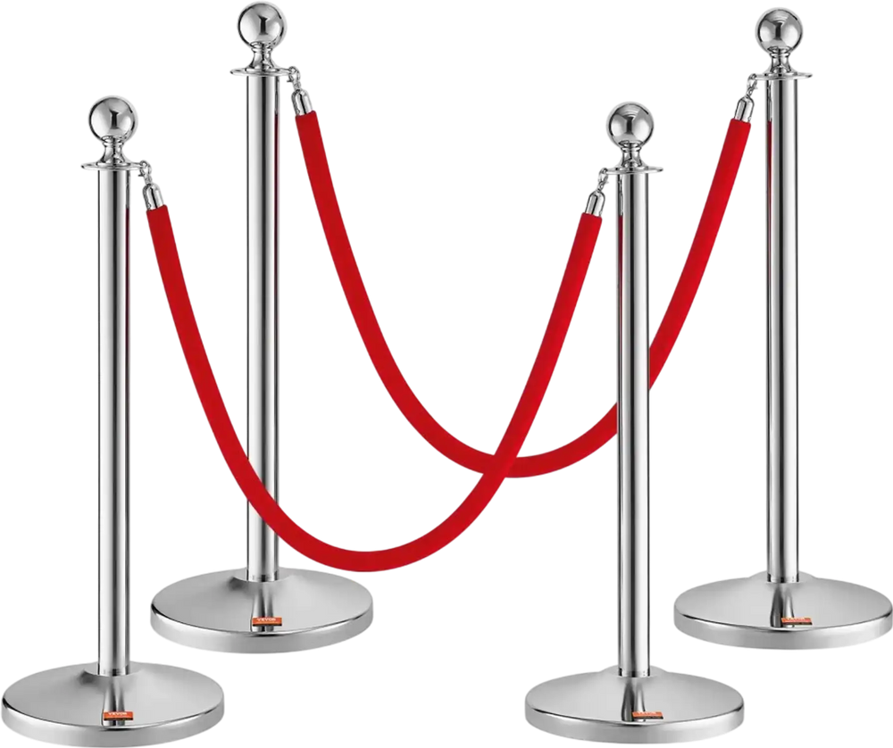 VEVOR Stanchion Post with Velvet Rope, 4-Pack Crowd Control Stanchion with 2PCS 5FT Red Velvet Ropes, Stainless Steel Queue Barrier Line Divider with Fillable Plastic Base, Ball Top for Wedding Museum