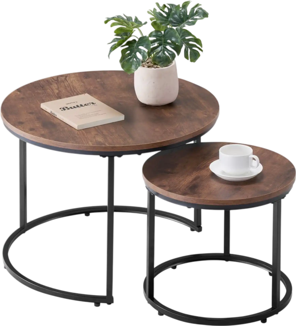 VEVOR Nesting Coffee Table Set of 2, 23.6 in Round Coffee Table, Nesting Tables for Small Place, End Side Tables Night Stand with Metal Frame, for Living Room, Bedroom, Office (Vintage Brown & Black)