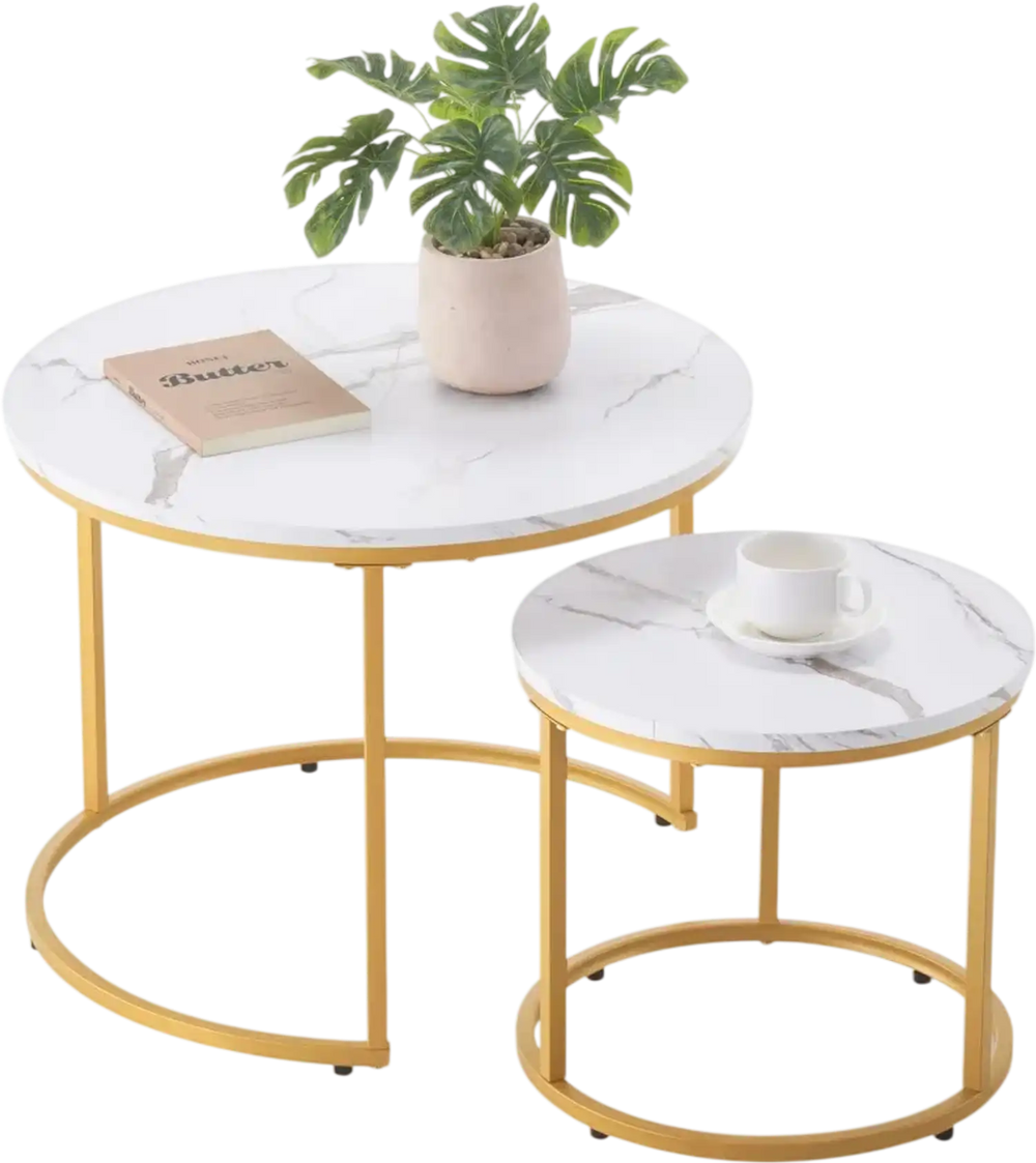 VEVOR Nesting Coffee Table Set of 2, 23.6 in Round Coffee Table, Nesting Tables for Small Place, Vintage End Side Tables Night Stand with Metal Frame, for Living Room, Bedroom, Office (White & Gold)