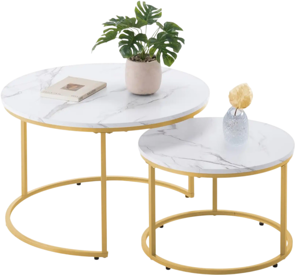 VEVOR Nesting Coffee Table Set of 2, 27.6 in Round Coffee Table, Nesting Tables for Small Place, Vintage End Side Tables Night Stand with Metal Frame, for Living Room, Bedroom, Office (White & Gold)