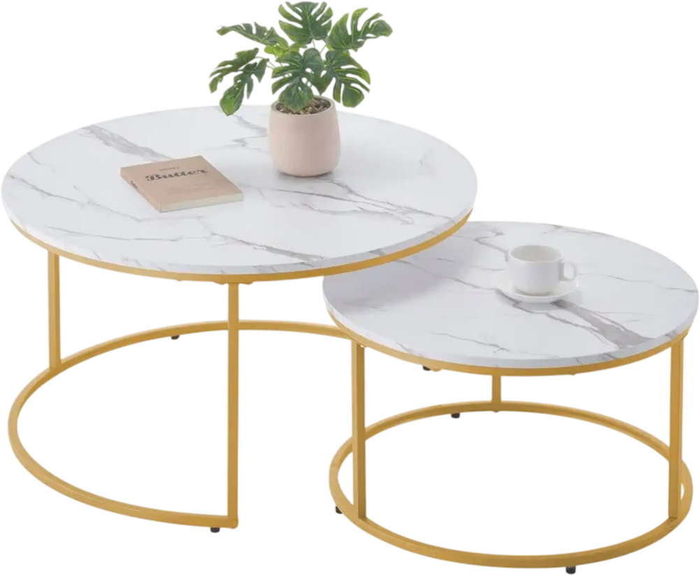 VEVOR Nesting Coffee Table Set of 2, 31.5 in Round Coffee Table, Nesting Tables for Small Place, Vintage End Side Tables Night Stand with Metal Frame, for Living Room, Bedroom, Office (White & Gold)