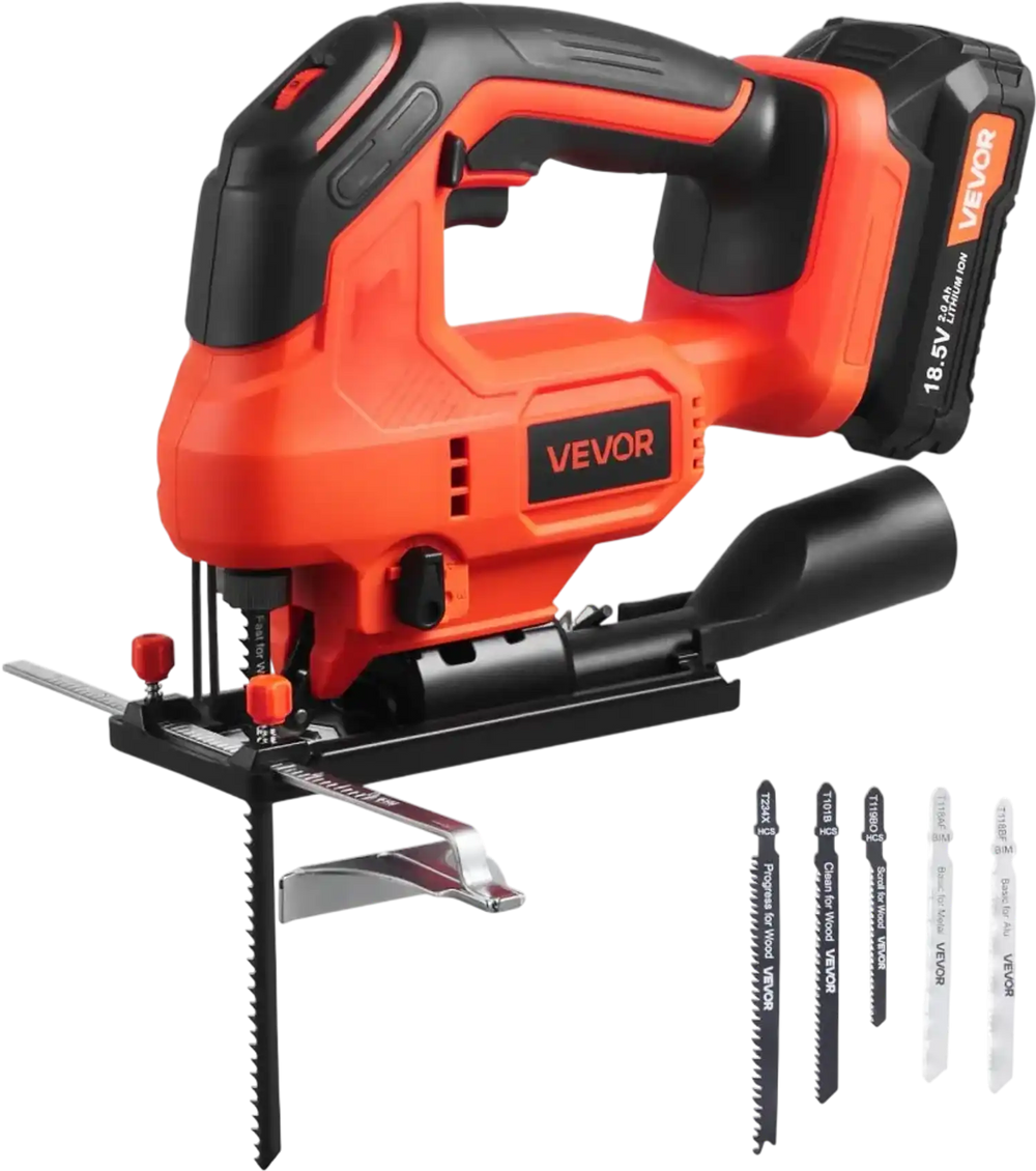 VEVOR Cordless Jig Saw, 20 V, 3000 SPM Blade Speed, Cordless Jigsaw with Battery and Charger, LED Light, 6 Variable Speed, 0- 45° Bevel Cuts, with 6 pcs Blades, 4 Orbital Settings, for Wood, Metal
