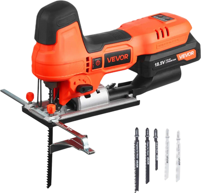 VEVOR Cordless Jig Saw, 20 V Brushless Motor, 3500 SPM Blade Speed, Cordless Jigsaw with 6 pcs Blades, LED Light, 6 Variable Speed, 0- 45° Bevel Cuts, 4 Orbital Settings for Straight/Circle Cutting