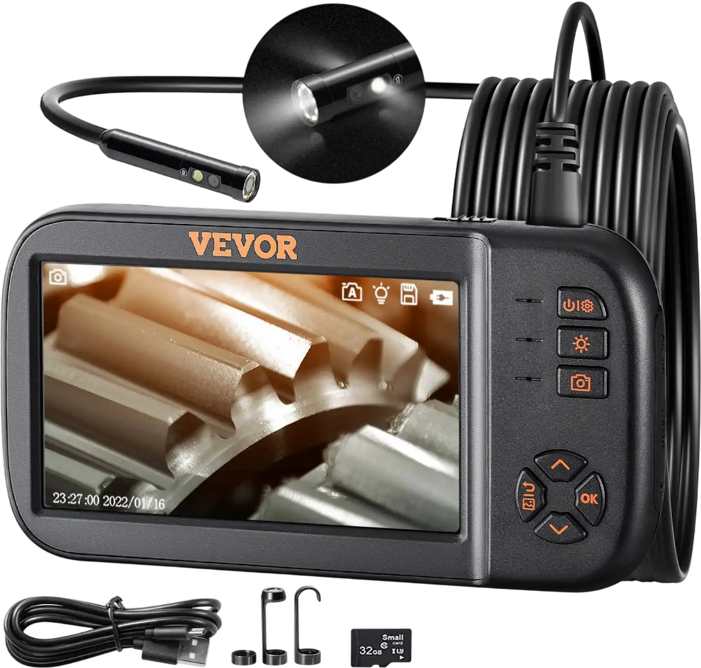 VEVOR Borescope Camera, Triple Lens Endoscope Camera with Light, 4.5" Screen 1080P Inspection Camera with 10 LED Light, IP67 Waterproof Drain Snake Camera for Auto, Plumbing (16.5FT Cable, 32GB Card)