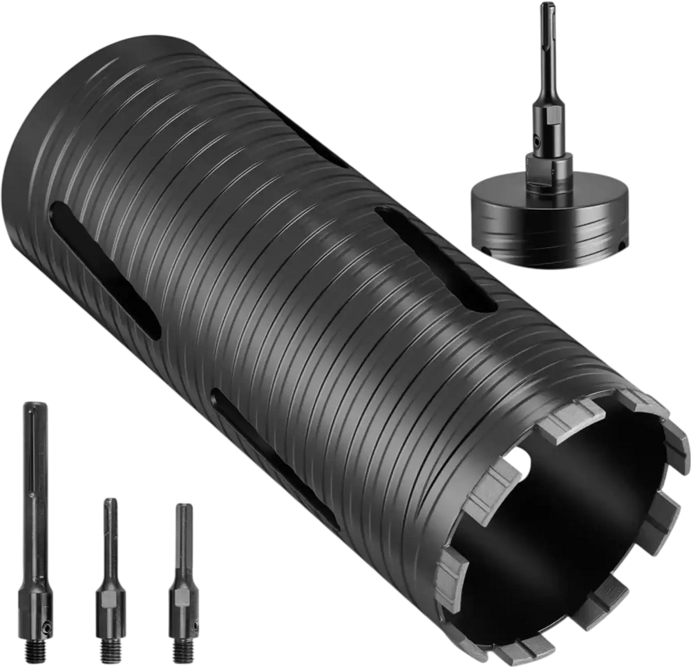 VEVOR Core Drill Bit, 4 inch Diameter, 9-1/2 inch Drilling Depth, 5/8-11 Internal Thread, Diamond Dry Coring Bit with 3 Adapters, Pilot Drill and Hex Wrench, for Concrete, Red Bricks, and Masonry