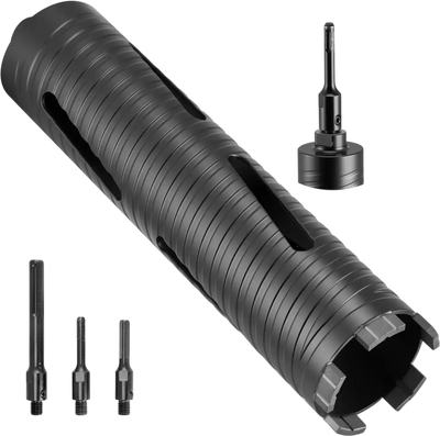 VEVOR Core Drill Bit, 2-1/2 inch Diameter, 9-1/2 inch Drilling Depth, 5/8-11 Internal Thread, Diamond Dry Coring Bit with 3 Adapters, Pilot Drill and Hex Wrench, for Concrete, Red Bricks, and Masonry