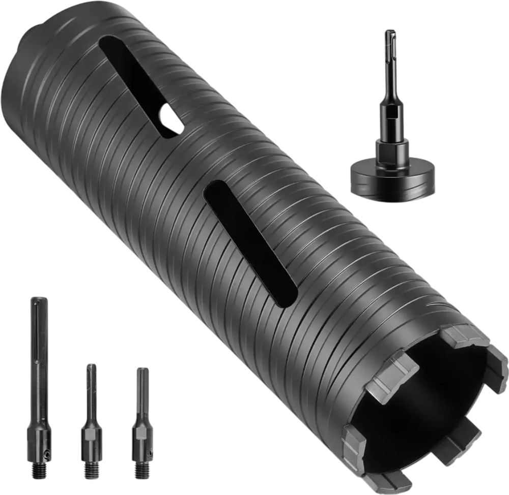 VEVOR Core Drill Bit, 3 inch Diameter, 9-1/2 inch Drilling Depth, 5/8-11 Internal Thread, Diamond Dry Coring Bit with 3 Adapters, Pilot Drill and Hex Wrench, for Concrete, Red Bricks, and Masonry