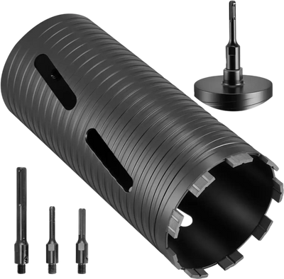VEVOR Core Drill Bit, 4-1/2 inch Diameter, 9-1/2 inch Drilling Depth, 5/8-11 Internal Thread, Diamond Dry Coring Bit with 3 Adapters, Pilot Drill and Hex Wrench, for Concrete, Red Bricks, and Masonry