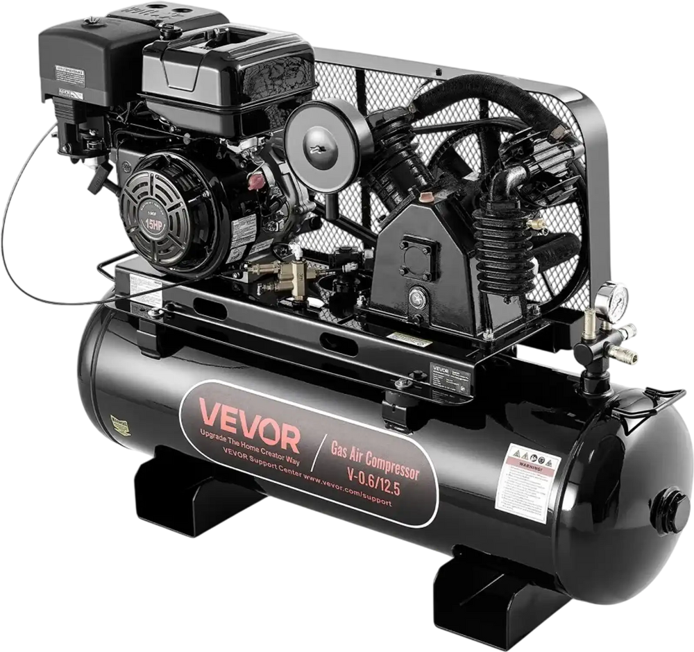 VEVOR 30 Gallon Gas Powered Air Compressor, 15HP 7.65CFM at 90 PSI Air Tank, Gas Driven Two-Stage Compression System with Twin Cylinder Piston Pump & 175 PSI Max Pressure for Workshops Constructions