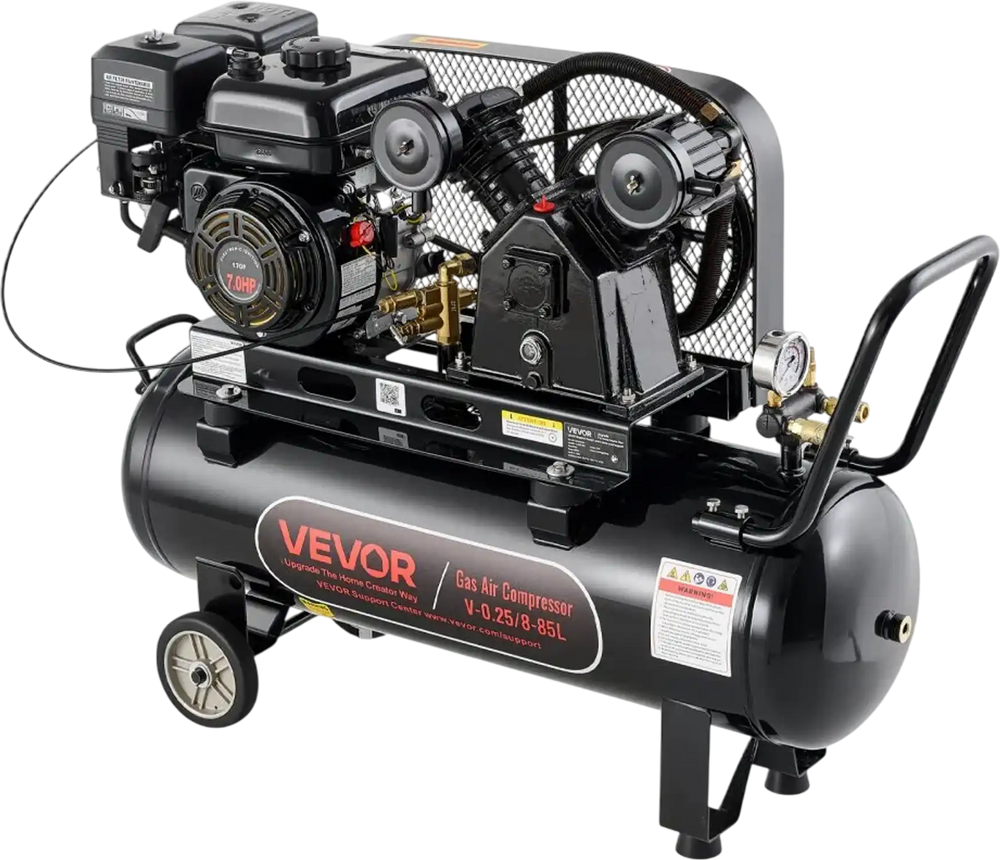 VEVOR 20 Gallon Gas Powered Air Compressor, 7HP 4.7CFM at 90 PSI Air Tank, Gas-Driven Air Compression System with Twin Cylinder Piston Pump, 115 PSI Max Pressure, 2 Wheels for Workshops Constructions