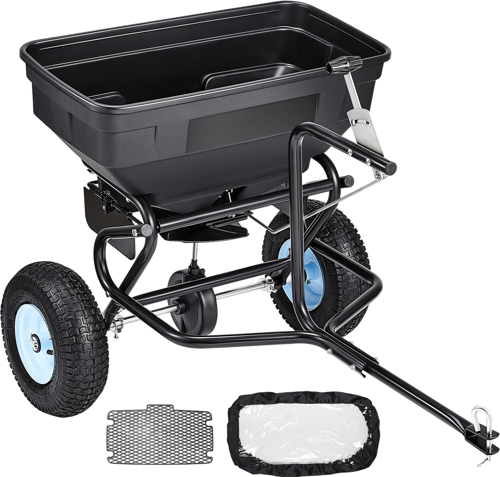 VEVOR Towable Broadcast Spreader, 130LBS Capacity, Tow-Behind Push Spreader with 13 in Tires, 15 Adjustable Setting & 9.8 ft Spreading Width, Lawn Spreaders for Seed, Fertilizer, Salt, Ice Melt