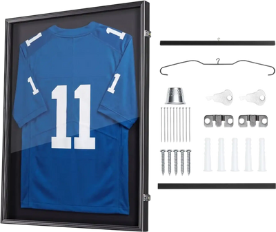VEVOR Jersey Frame Display Case, 35.4 x 27.6 x 1.5 in, Lockable Wooden Sport Jersey Shadow Box with 98% UV Protection PC Panel and Hanger, for Baseball Basketball Football Hockey Shirt and Uniform