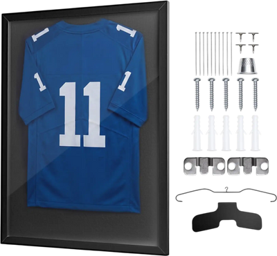 VEVOR Jersey Frame Display Case, 35.4 x 27.6 x 1.2 in, Wooden Sport Jersey Shadow Box with 98% UV Protection PC Panel and Hanger, for Baseball Basketball Football Hockey Shirt Sport Uniform, Black