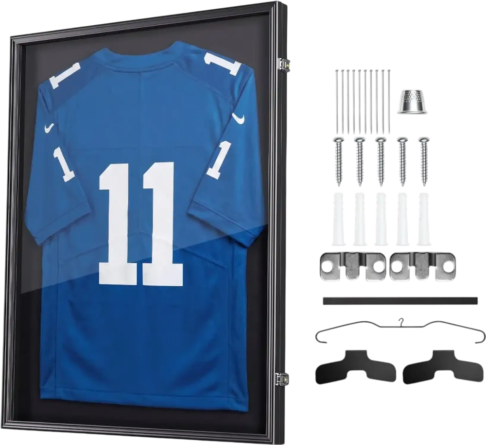 VEVOR Jersey Frame Display Case, 36.4 x 28.3 x 1.5 in, Wooden Sport Jersey Shadow Box with 98% UV Protection PC Panel and Hanger, Magnetic Lock, for Baseball Basketball Football Hockey Shirt Uniform