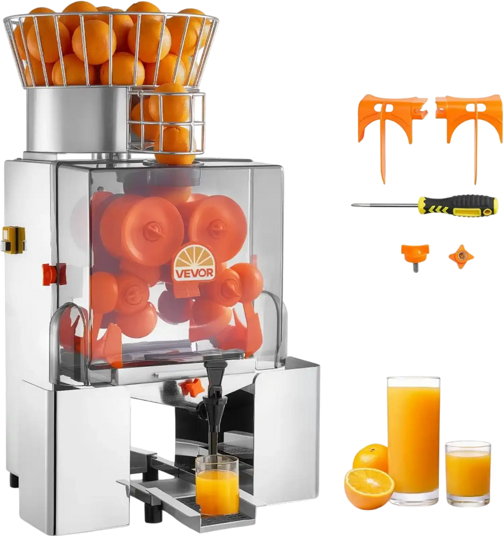 VEVOR Commercial Orange Juicer Machine, 120W Electric Automatic Orange Squeezer, Lemon Citrus Pomegranates Extractor for 20 per Minute, Stainless Steel, with Water Tap, Peels Collecting Bucket