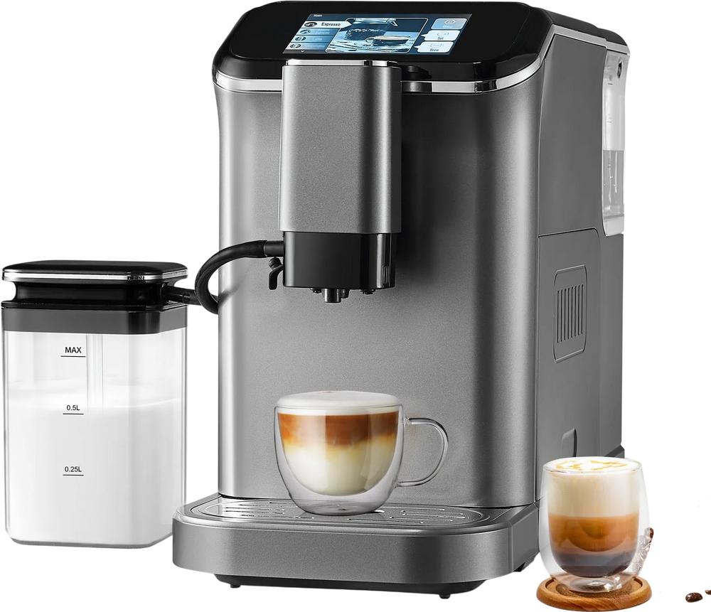 VEVOR Fully Automatic Espresso Machine - with Automatic Milk Frother, 20 Bar Super-Automatic Cappuccino Latte Machine with TFT Touch Screen, Grinder, 15 Grinding Levels, and Removable Milk Reservoir