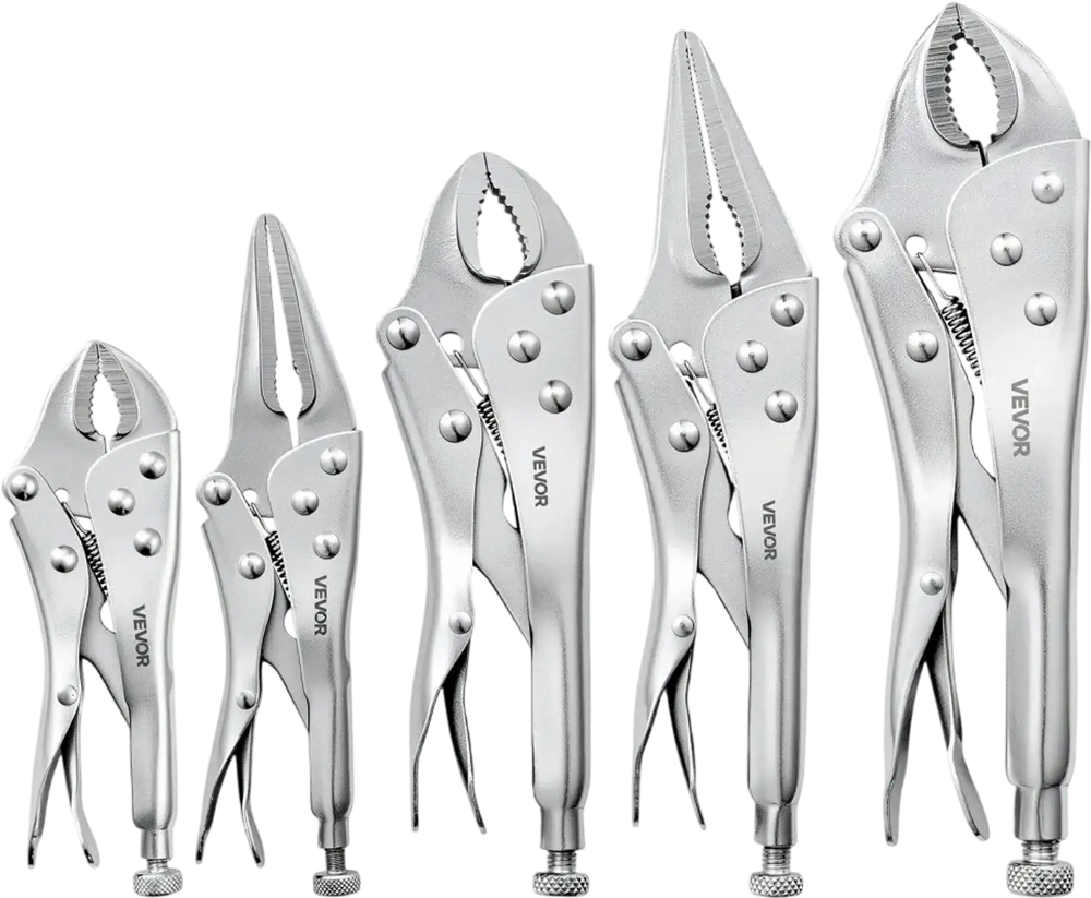 VEVOR Locking Pliers Set 5-Piece Pliers Tool Set Nickel-Plated Carbon Steel, Hand Tools for DIY & Home Use, 5"/7"/10" Curved Jaw, 6.5"/9" Long Nose, Ergonomic Non-Slip Handles, Adjustable Jaw Opening