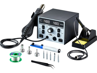 VEVOR 2-in-1 Hot Air Rework Station & Soldering Station, 820W LED Digital Rework and Soldering Iron Station with 5V USB Charging Port, Adjustable Temps & Airflow, ℃/℉ Conversion, 3 Hot Air Nozzles