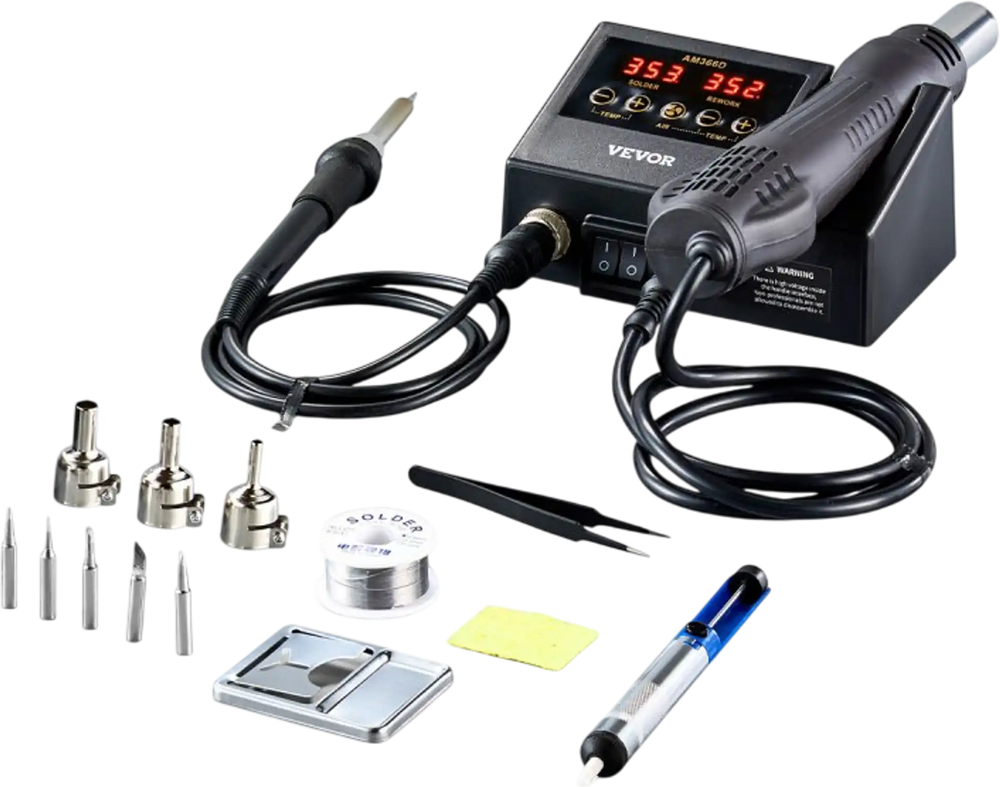 VEVOR 2-in-1 Hot Air Rework Station & Soldering Station, 750W Digital Rework and Soldering Iron Station with Adjustable Temps & Airflow, ℃/℉ Conversion, 3 Hot Air Nozzles for Electronics Repairing