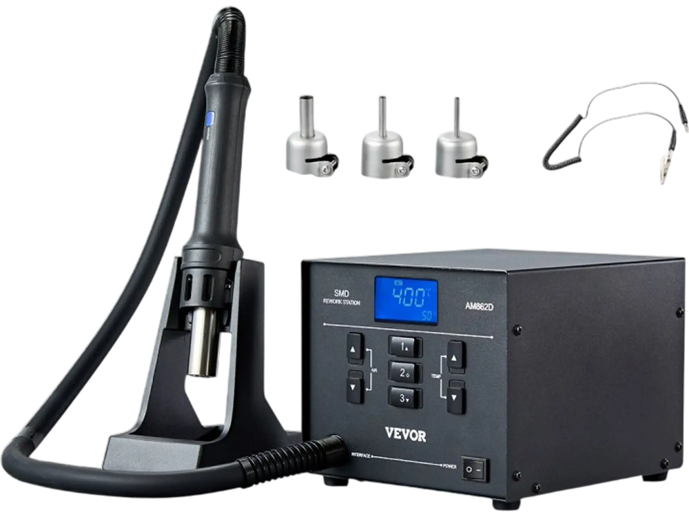 VEVOR Hot Air Rework Station, 1000W Digital SMD Rework Station, 212℉-896℉ Hot Air Gun with 99-Level Adjustable Airflow, 3 Pre-Set Channels & 3 Hot Air Nozzles for Chip Dismantling, Electronics Repair