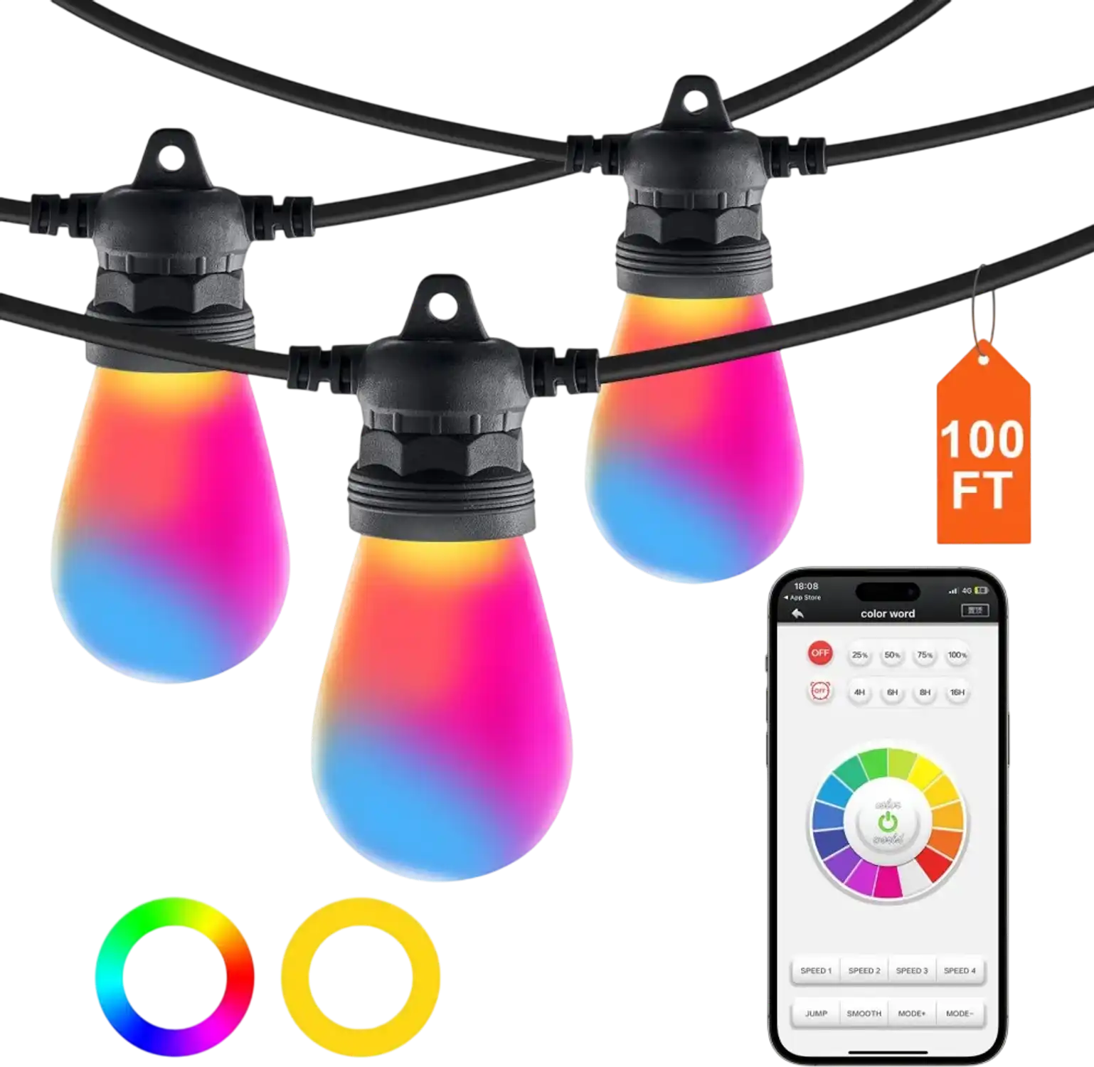 Vevor Outdoor String Lights RGB 100' App-Controlled Patio Hanging Lights New