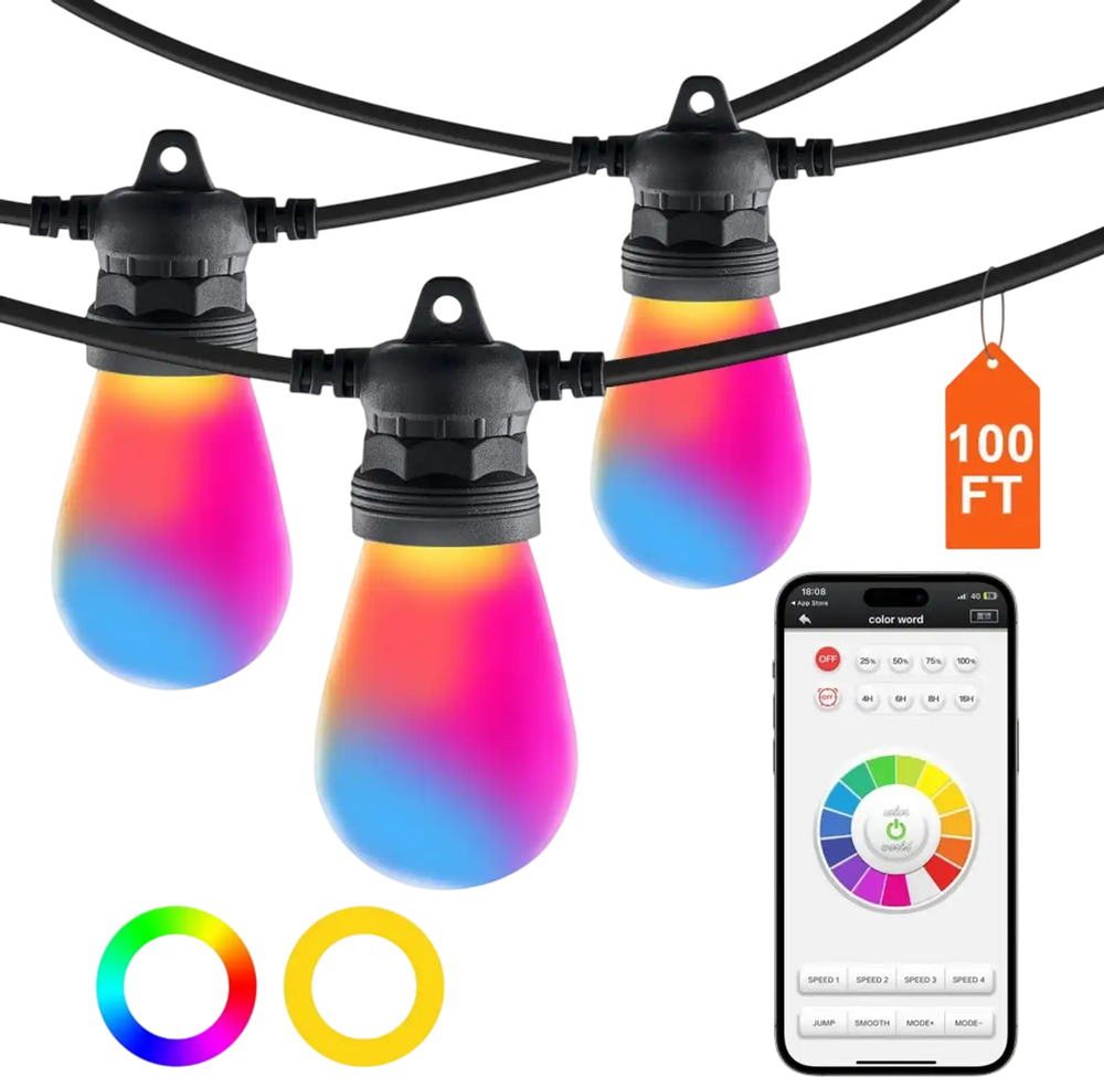 VEVOR RGB Outdoor String Lights, 100FT, Outside Patio Lights with APP Control 30 Bulbs, 15 Single-Color Adjustable Brightness Time Setting, Waterproof Hanging Lights for Halloween Decoration Christmas