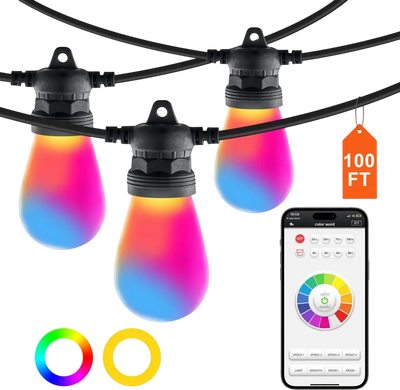 Vevor Outdoor String Lights RGB 100' App-Controlled Patio Hanging Lights New