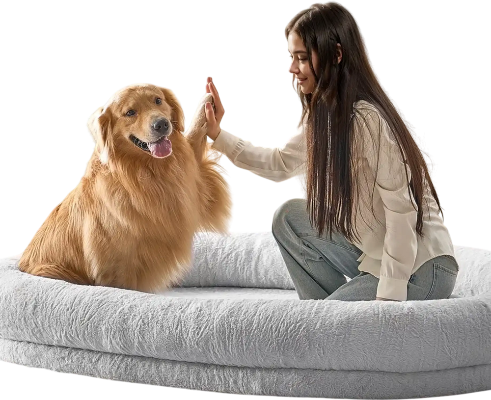 VEVOR Human Dog Bed, 72" x48"x10" Human Dog Bed for Adult, Human Size Dog Bed with Washable Faux Rabbit Fur Cover, Egg Orthopedic Foam, Storage Pocket, Large Dog Bean Bed, Light Grey