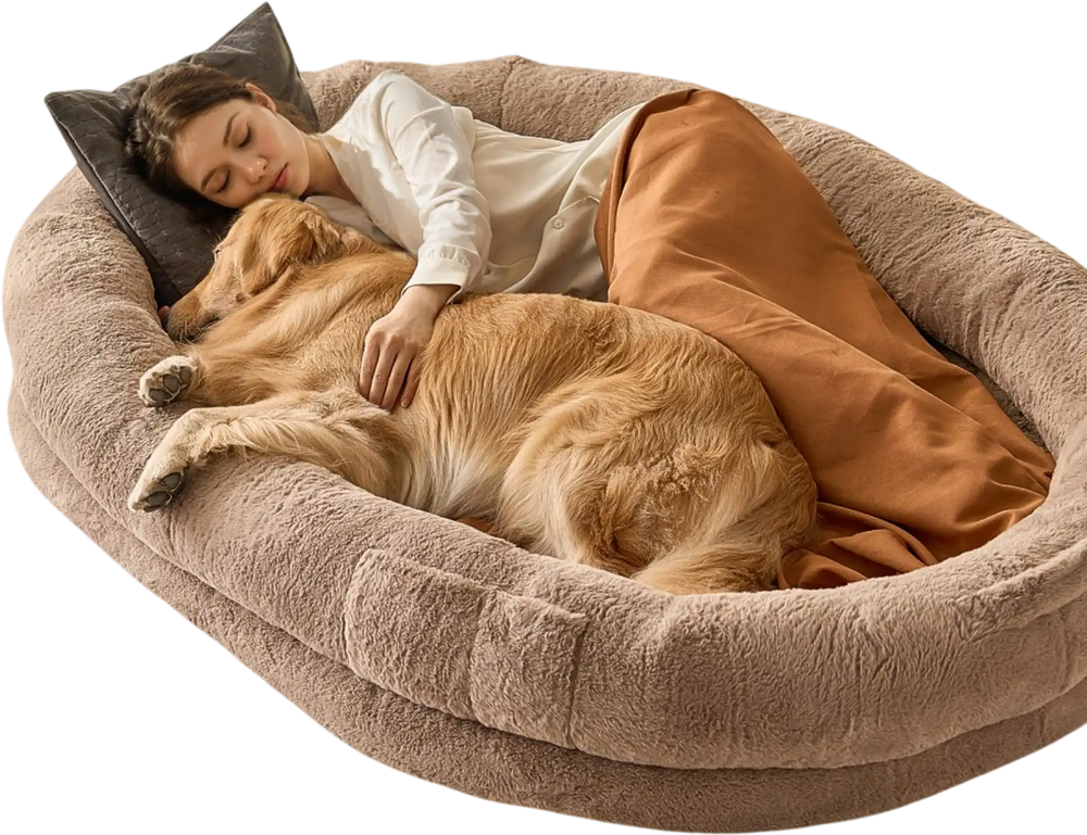VEVOR Human Dog Bed, 72" x48"x10" Human Dog Bed for Adult, Human Size Dog Bed with Washable Faux Rabbit Fur Cover, Egg Orthopedic Foam, Storage Pocket, Large Dog Bean Bed, Brown