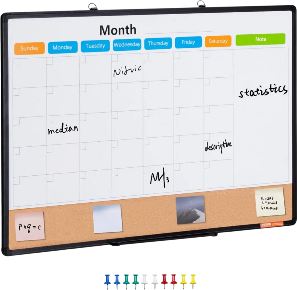 VEVOR 36"x 24" Monthly Calendar Whiteboard & Cork Board Combo with Aluminum Frame – 2-in-1 Magnetic Dry Erase Bulletin Board for Wall Mount – Ideal for School, Home, Office
