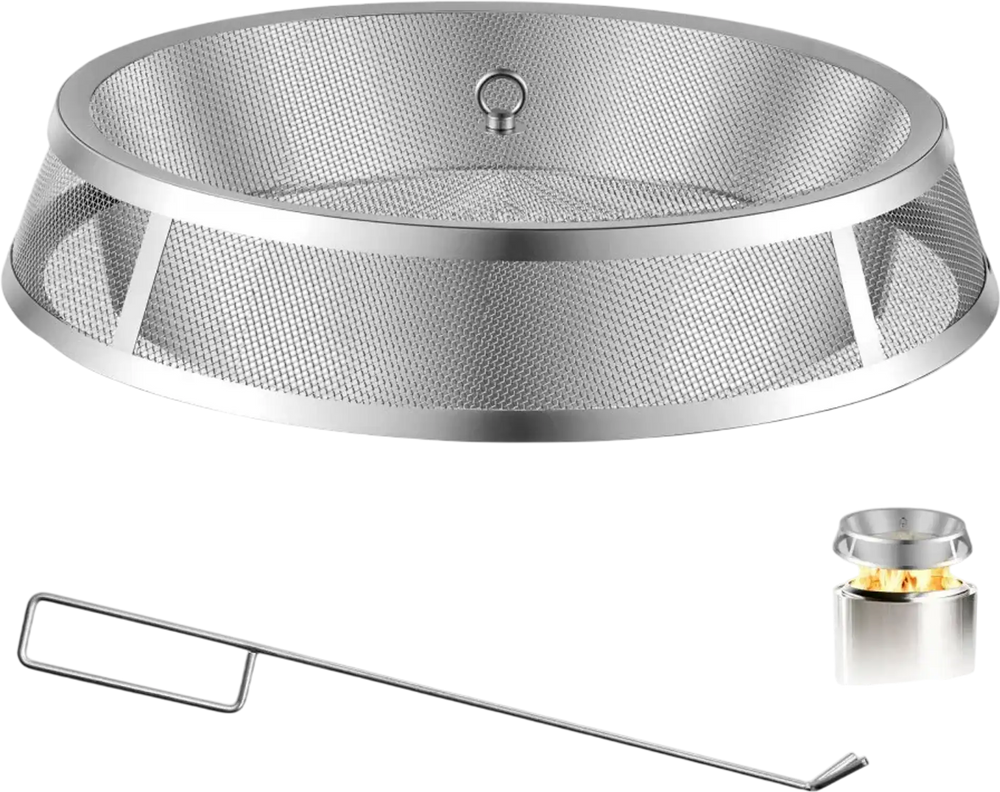 VEVOR Fire Pit Spark Screen, 19 inch Mesh Cover Lid, SUS304 Stainless Steel, for Outdoor, Patio, Backyard, Camping, Party, with Handles & Poker, High Temperature Tolerant, Help Block Sparks, Silver