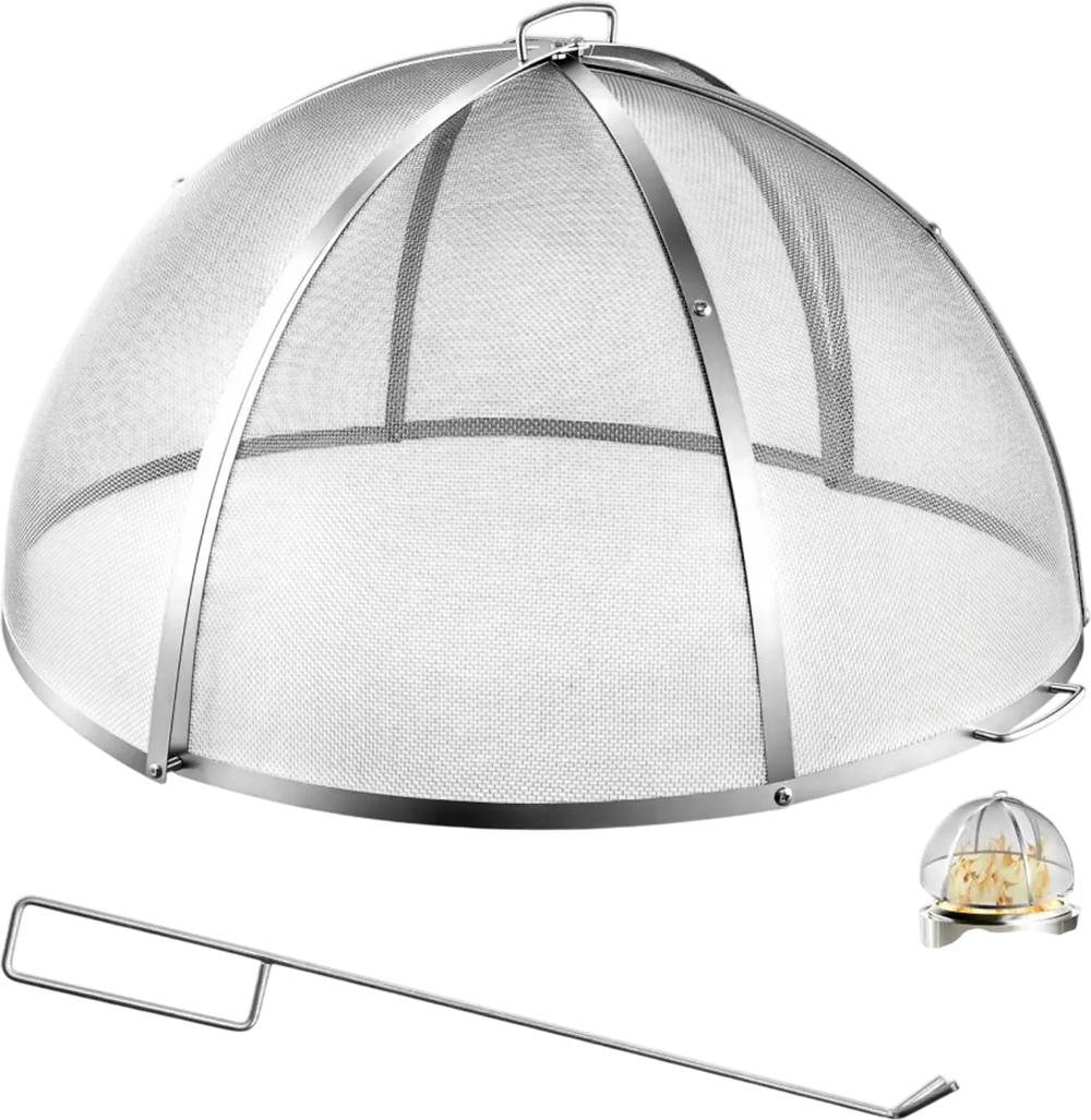 VEVOR Fire Pit Spark Screen, 36 inch Dome, Stainless Steel Mesh Cover Lid, for Outdoor, Patio, Backyard, Camping, Party, with Handles and Poker, High Temperature Tolerant, Help Block Sparks, Silver